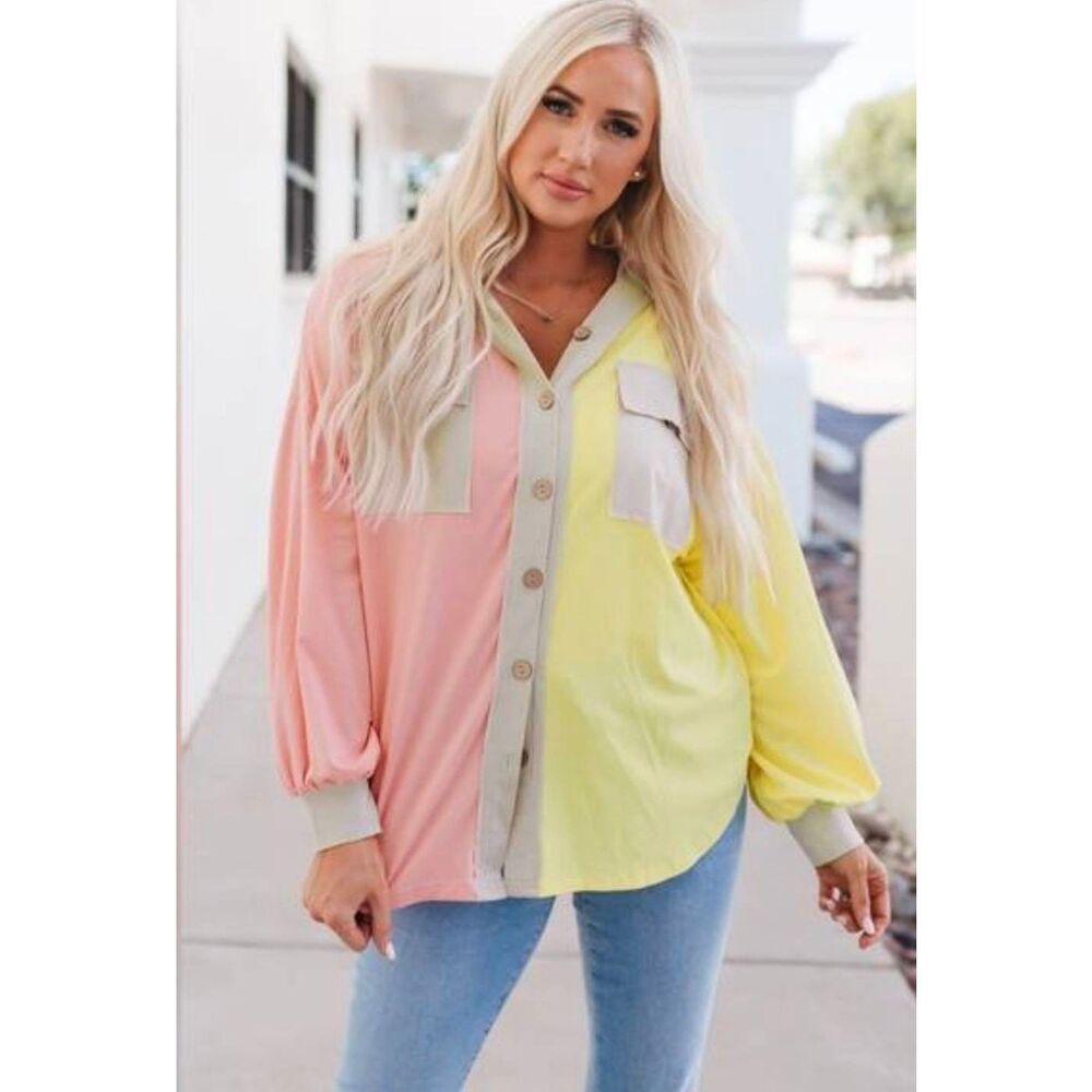 Hailey & Co Yellow and Pink Two Tone Contrast Oversized Shacket Shirt Jacket